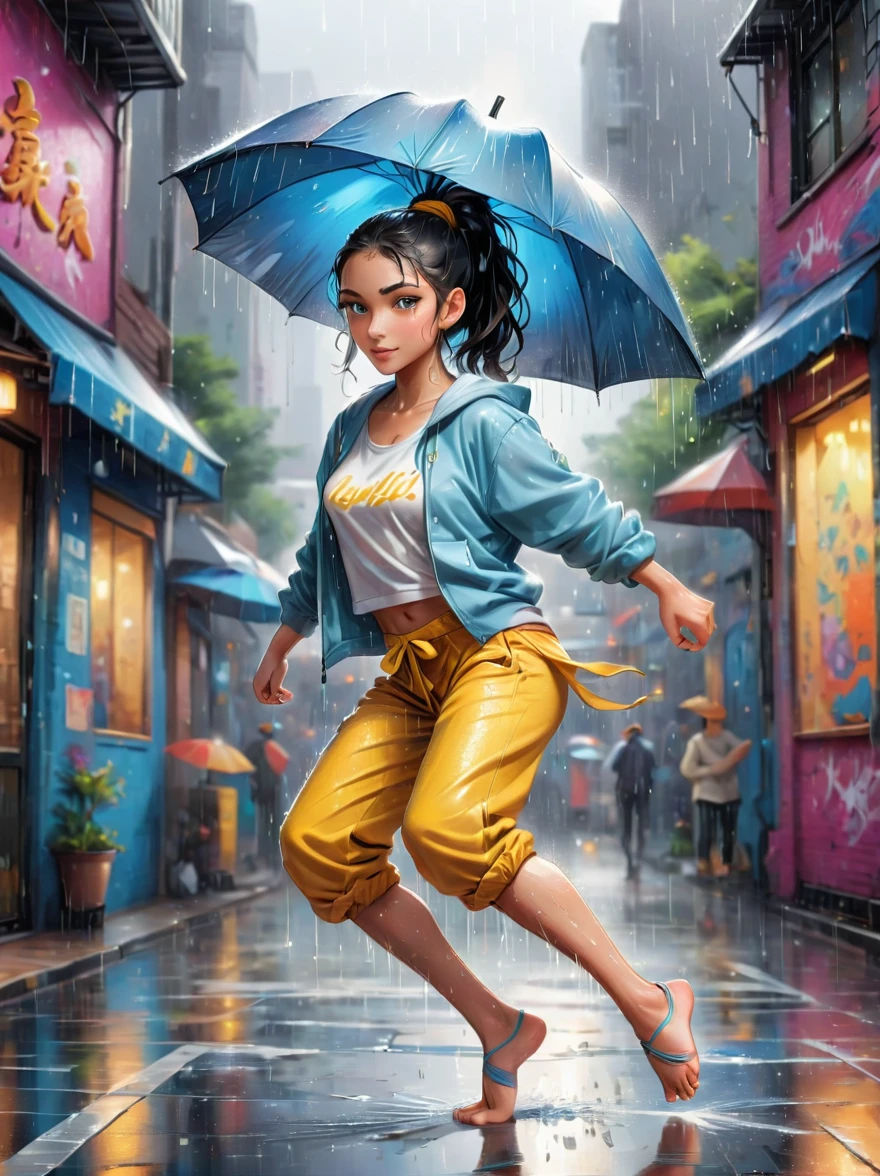 Cartoon illustration，Vector illustration，A girl full of energy，Showing off her breakdancing skills on a graffiti-covered urban dance floor，((beautiful eyes))，((Perfect and refined limbs))，She was barefoot，Loose and comfortable clothes，Perfect for dancing，Her black hair was tied into a high ponytail.，One hand rotation，Spin your feet in the air，(heavy rain:1.5)，(The scene is filled with cold rain)，The audience was impressed，She performed a complex move with ease.，The energy she captures is palpable，The air is filled with the rhythm of street music，(masterpiece，Best quality:1.2)，lifelike，Reality，梦幻般的Light芒，错综复杂的detail，Ultra Detailed，detail，High contrast，美丽细致的Light芒，Bright，更多detail，精细发Light，very fine 8K CG wallpaper，Depth of Field，Abuse of color difference，Soft colors，非常精致的Light线，眩Light，Light，Light粒子，reflection