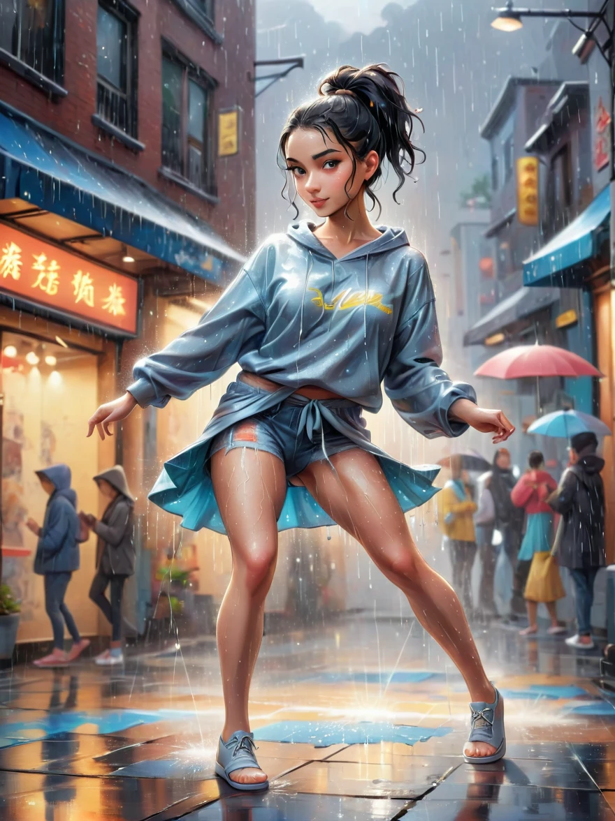 Cartoon illustration，Vector illustration，A girl full of energy，Showing off her breakdancing skills on a graffiti-covered urban dance floor，((beautiful eyes))，((Perfect and refined limbs))，She was barefoot，Loose and comfortable clothes，Perfect for dancing，Her black hair was tied into a high ponytail.，One hand rotation，Spin your feet in the air，(heavy rain:1.5)，(The scene is filled with cold rain)，The audience was impressed，She performed a complex move with ease.，The energy she captures is palpable，The air is filled with the rhythm of street music，(masterpiece，Best quality:1.2)，lifelike，Reality，梦幻般的Light芒，错综复杂的detail，Ultra Detailed，detail，High contrast，美丽细致的Light芒，Bright，更多detail，精细发Light，very fine 8K CG wallpaper，Depth of Field，Abuse of color difference，Soft colors，非常精致的Light线，眩Light，Light，Light粒子，reflection