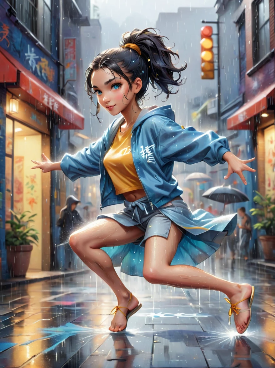 Cartoon illustration，Vector illustration，A girl full of energy，Showing off her breakdancing skills on a graffiti-covered urban dance floor，((beautiful eyes))，((Perfect and refined limbs))，She was barefoot，Loose and comfortable clothes，Perfect for dancing，Her black hair was tied into a high ponytail.，One hand rotation，Spin your feet in the air，(heavy rain:1.5)，(The scene is filled with cold rain)，The audience was impressed，She performed a complex move with ease.，The energy she captures is palpable，The air is filled with the rhythm of street music，(masterpiece，Best quality:1.2)，lifelike，Reality，梦幻般的Light芒，错综复杂的detail，Ultra Detailed，detail，High contrast，美丽细致的Light芒，Bright，更多detail，精细发Light，very fine 8K CG wallpaper，Depth of Field，Abuse of color difference，Soft colors，非常精致的Light线，眩Light，Light，Light粒子，reflection