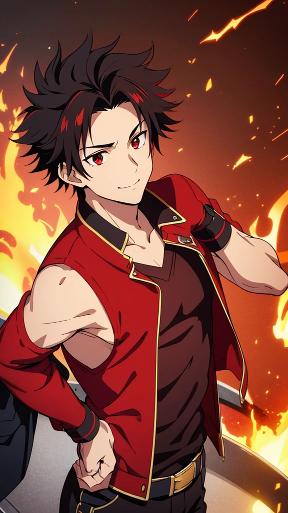 (high-quality, breathtaking),(expressive eyes, perfect face) 1boy, male, solo, young adult, black hair, red streaks in hair, red highlights, fire red eyes, soft wavy hair, short hair length, soft smile, spiky hair, fluffy hair, spiked up hair, black and red jacket, red shirt, confident smile, scars all over his body, age 17