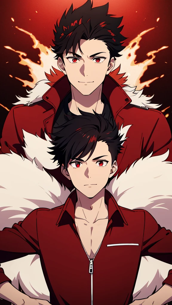 (high-quality, breathtaking),(expressive eyes, perfect face) 1boy, male, solo, young adult, black hair, red streaks in hair, red highlights, fire red eyes, soft wavy hair, short hair length, soft smile, spiky hair, fluffy hair, spiked up hair, black and red jacket, red shirt, confident smile, scars all over his body, 