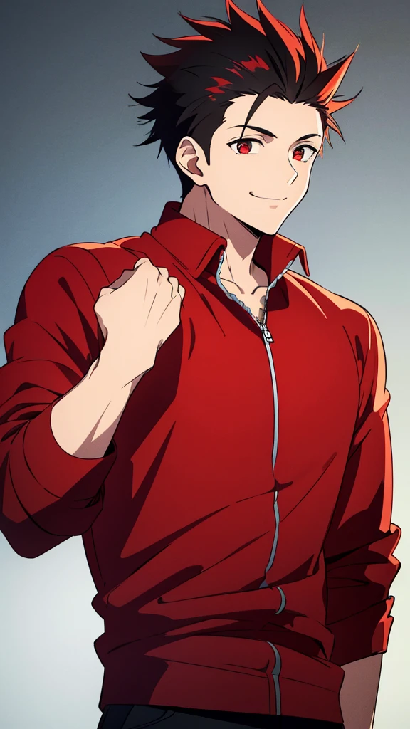 (high-quality, breathtaking),(expressive eyes, perfect face) 1boy, male, solo, young adult, black hair, red streaks in hair, red highlights, fire red eyes, soft wavy hair, short hair length, soft smile, spiky hair, fluffy hair, spiked up hair, black and red jacket, red shirt, confident smile, scars all over his body, age 17