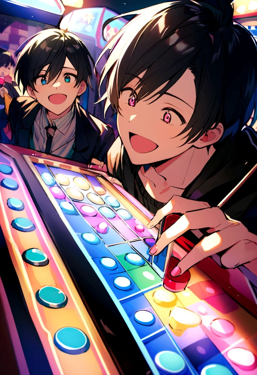 An 18-year-old handsome boy with slanted eyes and black hair celebrates winning the jackpot in an arcade game、A beautiful 18-year-old boy with lapis lazuli eyes and center-parted black hair, enjoying playing the same arcade game.