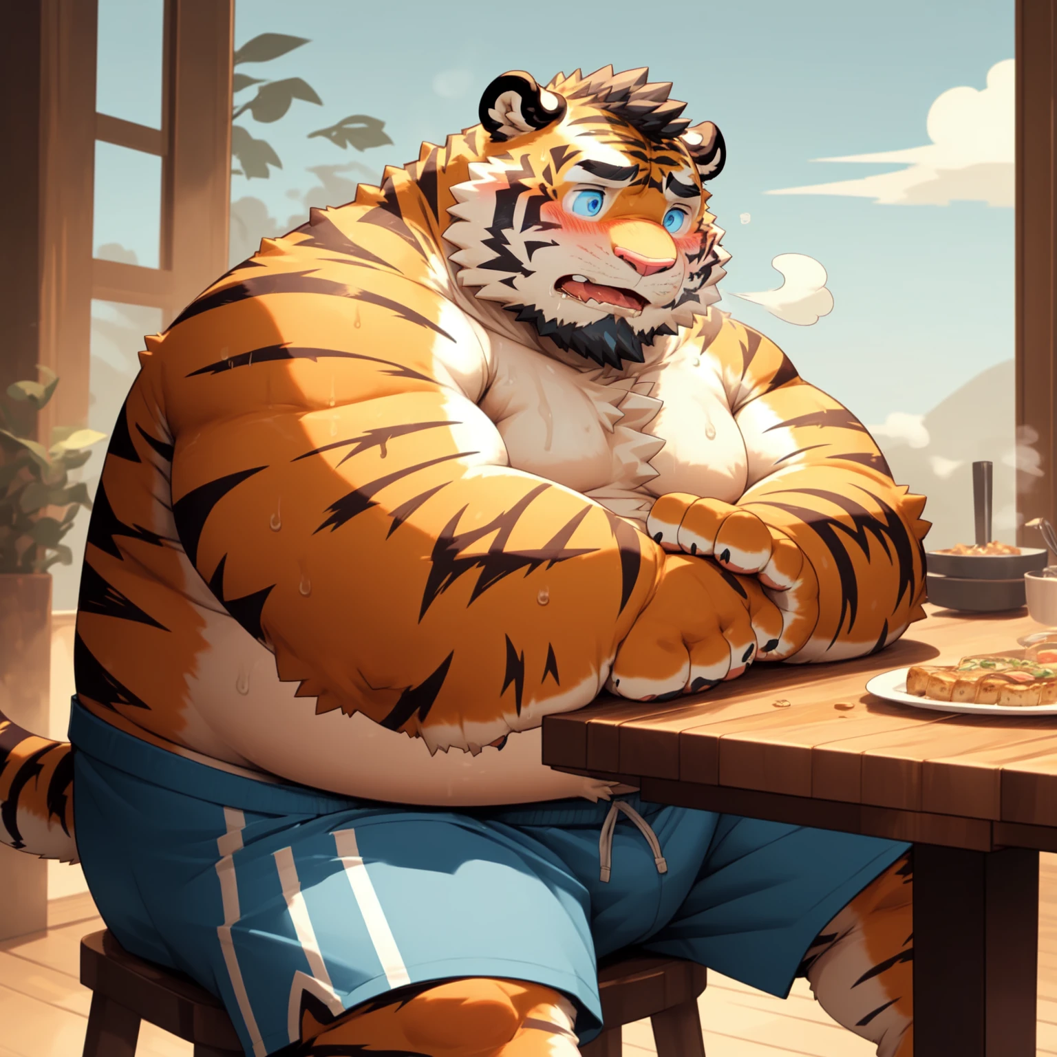 New Jersey 5 Furry,White Tiger,Solitary,Chubby,Fat,Thick arms,Rugged muscles,shorts,orange Plush fur,Chubby Face,Black eyebrows,Sky blue eyes,Beard, （topless,short），blush，Sweating，Sitting at the dining table，gourmet food，steam，heat，Saliva dripping