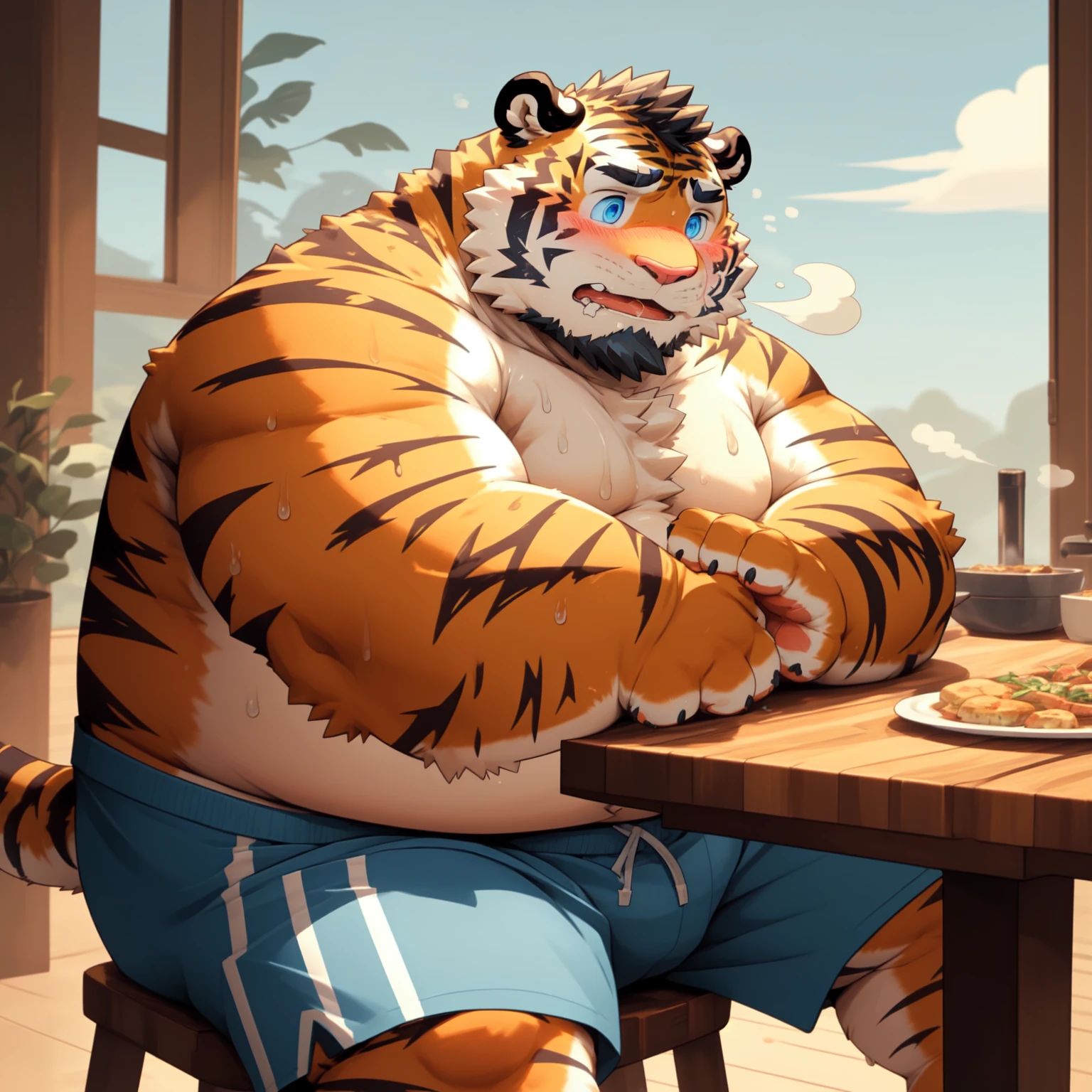 New Jersey 5 Furry,White Tiger,Solitary,Chubby,Fat,Thick arms,Rugged muscles,shorts,orange Plush fur,Chubby Face,Black eyebrows,Sky blue eyes,Beard, (topless,short),blush,Sweating,Sitting at the dining table,gourmet food,steam,heat,Saliva dripping