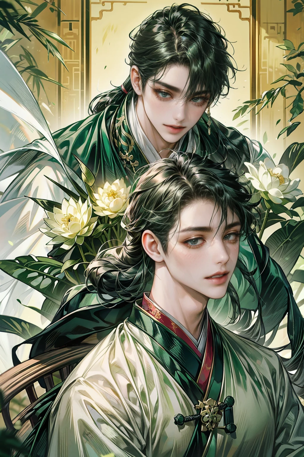 (((best quality))),masterpiece,ultra high resolution,extraordinarily beautiful youth, a bright, villains smile,All green clothing,((boy 24 year old, green hanfu,green clothing, Chinese shirt style)) ,boy character ,((Thick black long hair)),beautiful face,detailed interior, detailed boy,((man)),(in bamboo forest), house China style, pure white lotus,beautiful and cute boy ,black eyes,((solo man)),(he has a Big eyes, charming lips, slim nose and small face),(slim figures ),ponytail and 冠, Hiogi fan,Japanese fan ,very long hair, thick hair, black hair ,eyes detailed,