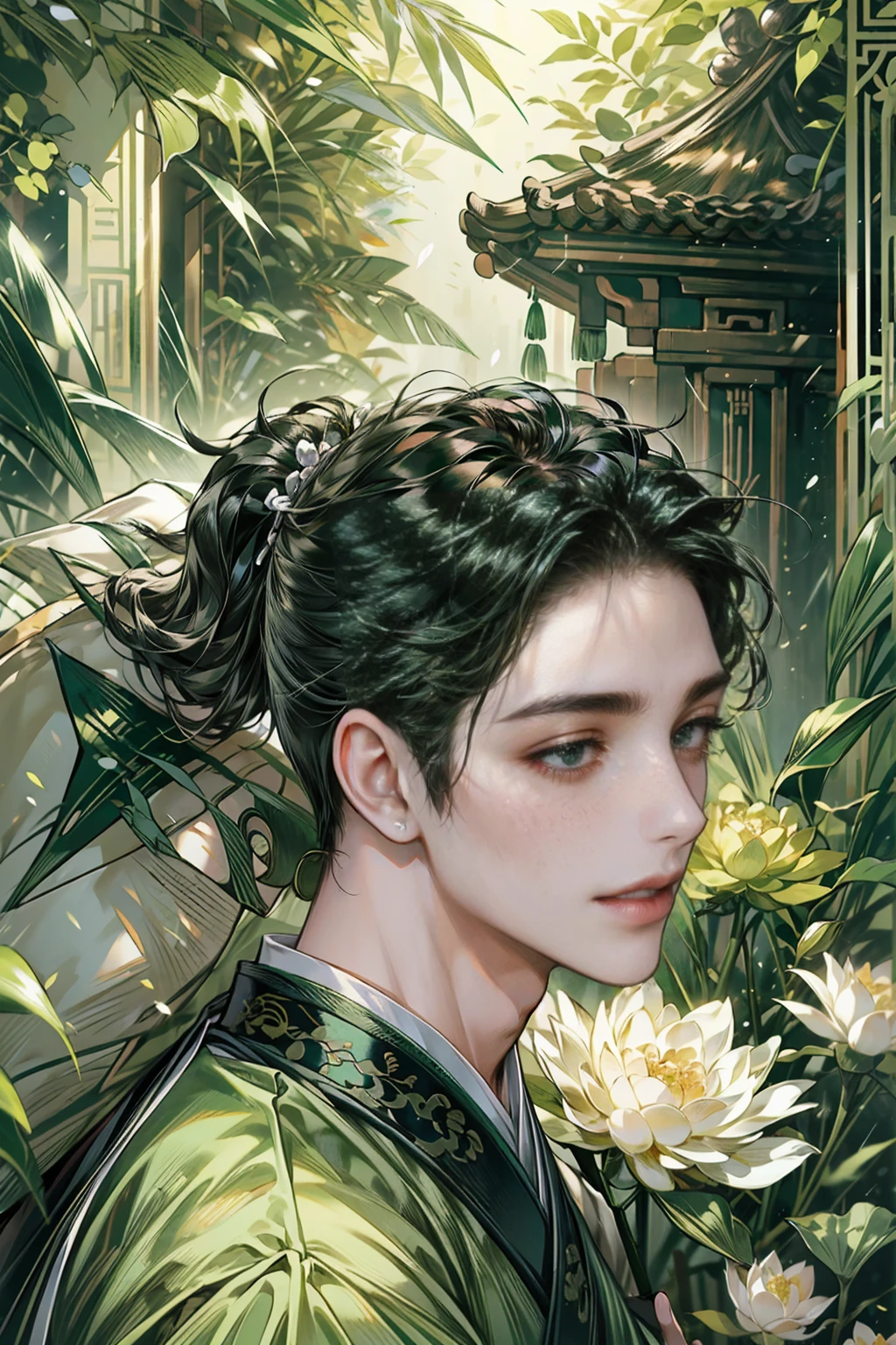 (((best quality))),masterpiece,ultra high resolution,extraordinarily beautiful youth, a bright, villains smile,All green clothing,((boy 24 year old, green hanfu,green clothing, Chinese shirt style)) ,boy character ,((Thick black long hair)),beautiful face,detailed interior, detailed boy,((man)),(in bamboo forest), house China style, pure white lotus,beautiful and cute boy ,black eyes,((solo man)),(he has a Big eyes, charming lips, slim nose and small face),(slim figures ),ponytail and 冠, Hiogi fan,Japanese fan ,very long hair, thick hair, black hair ,eyes detailed,
