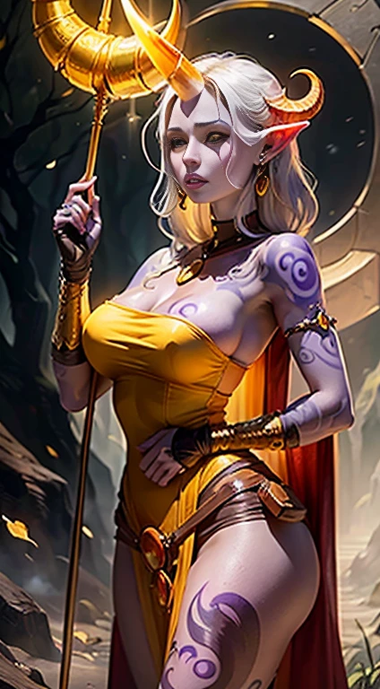 (work of art, ultra quality, high resolution, 8K, intricate: 1.2). female celestial elf, ((with just one big horn), (the horn is in the center of her forehead)), looking up, extremely (Beautiful face features,yellow  eyes:1.4) ((holds in one hand a large magic wand that ends with a large crescent moon)), his staff is made of silver and copper with fine golden decorations, fluid white and yellow transparent cloths, healing wizard, anatomical, (light purple skin, tribal tattoo:1.4), beautiful golden crescent moon earrings with sapphires, the silent forest, uncanny, Fantasyart, Donato Giancola's, Craig Mullins, domain, legendary masterstrokes