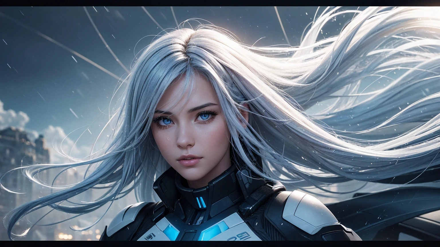 a photorealistic beautiful 25-year-old girl looks like a Hollywood star with long blue-white hair behind her nebula is blue gray,her hair is developing in the wind,(depth of field 1.2) she has a well-drawn pupil texture,maximum detail,splashes of raindrops and they glare in the sun,Ultra realistic photo, ultra skin detail, highly detailed texture, soft light, saturation, contrast,(masterpiece),ultra full HD 4K,clear focus, noise reduction ,