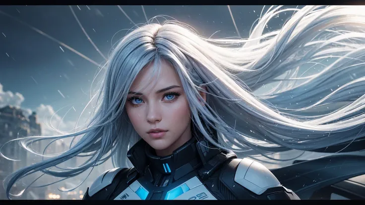 a photorealistic beautiful 25-year-old girl looks like a hollywood star with long blue-white hair behind her nebula is blue gray...