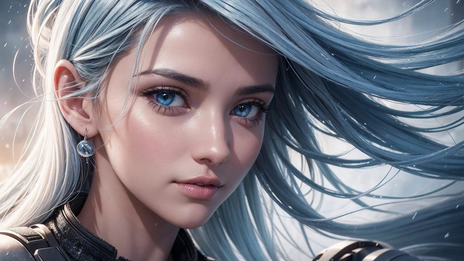 a photorealistic beautiful 25-year-old girl looks like a Hollywood star with long blue-white hair behind her nebula is blue gray,her hair is developing in the wind,(depth of field 1.2) she has a well-drawn pupil texture,maximum detail,splashes of raindrops and they glare in the sun,Ultra realistic photo, ultra skin detail, highly detailed texture, soft light, saturation, contrast,(masterpiece),ultra full HD 4K,clear focus, noise reduction ,