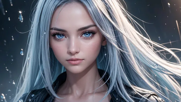 a photorealistic beautiful 25-year-old girl looks like a hollywood star with long blue-white hair behind her nebula is blue gray...