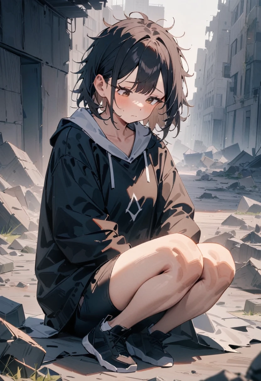 masterpiece, best quality, very aesthetic, absurdres, newest, 1girl, solo, asymmetrical bangs, tareme, young adult, long black hair, messy hair, brown eyes, looking down, blank expression, tattered clothes, sitting on the ground, war-torn ruins, rubble, destroyed buildings, desolate, full body