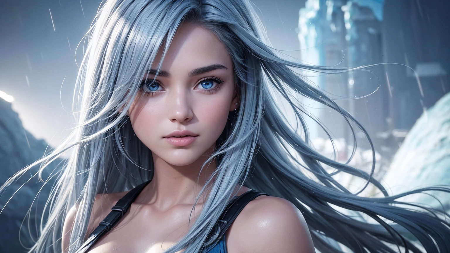 a photorealistic beautiful 25-year-old girl looks like a Hollywood star with long blue-white hair behind her nebula is blue gray,her hair is developing in the wind,(depth of field 1.2) she has a well-drawn pupil texture,maximum detail,splashes of raindrops and they glare in the sun,Ultra realistic photo, ultra skin detail, highly detailed texture, soft light, saturation, contrast,(masterpiece),ultra full HD 4K,clear focus, noise reduction ,