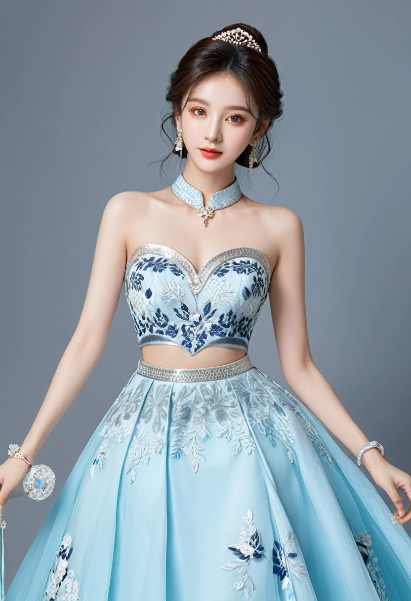 Realistic photo style, whole body 사진에 아름다운 아시아 소녀가 등장합니다., Wearing a unique ethnic style evening gown with delicate skin., bright and lively eyes, Thick eyelashes that look especially attractive. Long dresses are slim and elegant., Eye-catching silver jewelry and alcohol. The high-collar design adds an elegant atmosphere., Color of blue and white porcelain. using light and shadow, The vivid and harmonious appearance of the protagonist is highlighted... whole body, (masterpiece, best quality, professional, perfect composition, very aesthetic, absurd, very detailed, intricate details:1.3)