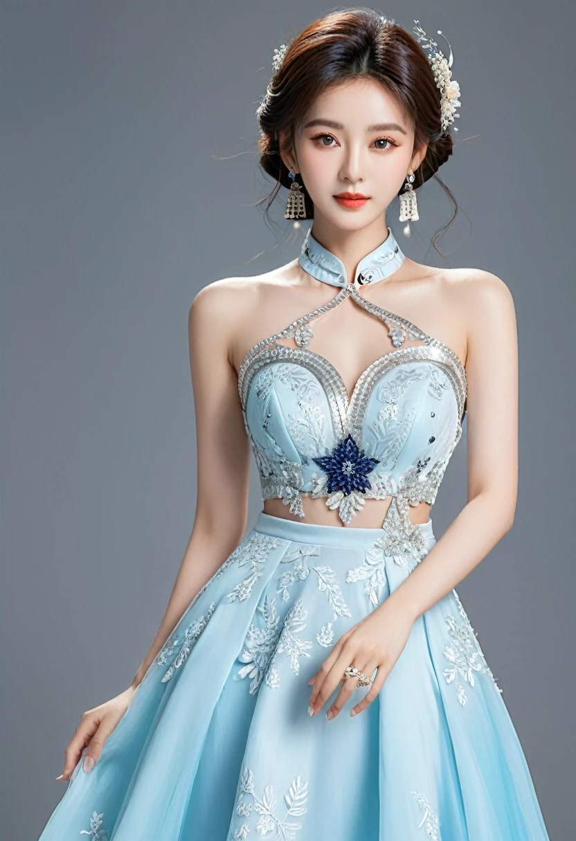 Realistic photo style, whole body 사진에 아름다운 아시아 소녀가 등장합니다., Wearing a unique ethnic style evening gown with delicate skin., bright and lively eyes, Thick eyelashes that look especially attractive. Long dresses are slim and elegant., Eye-catching silver jewelry and alcohol. The high-collar design adds an elegant atmosphere., Color of blue and white porcelain. using light and shadow, The vivid and harmonious appearance of the protagonist is highlighted... whole body, (masterpiece, best quality, professional, perfect composition, very aesthetic, absurd, very detailed, intricate details:1.3)