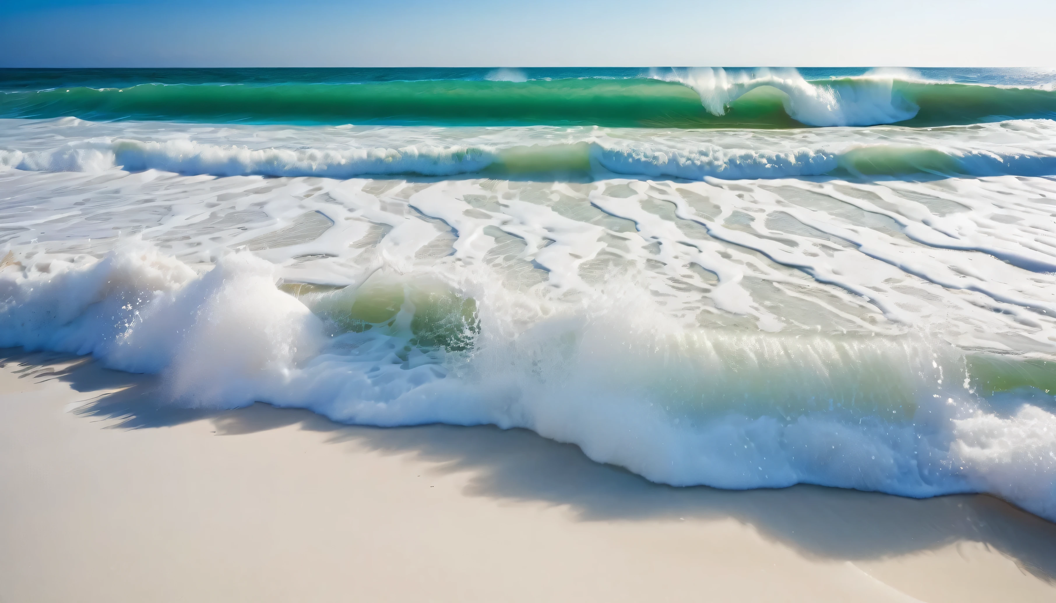 Background of rolling waves hitting the white sandy beach, professional photo, very perfect, clear water, white foam