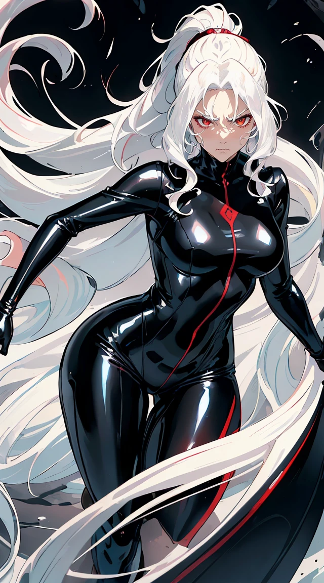 handsome older WOMAN,crimson-eyes,crimson pupils,Long white hair,Hyperresolution,accuracy,Detailed rendering,(Subtle facial image)(Image of fine hair)(topquality)(Masterpieces of masters)(High degree of completeness)(A sense of atmosphere)tmasterpiece,Super detailed and super detailed(half-body portrait), long wavy white hair, (((tHICK WAVY HAIR)))(((ANKLE LENGTH HAIR))) (((Sakimichan))) (((white hair))) (((Latex black fight outfit))) (((Hair in ponytail))) (((fierce expression))) (((skinny))) (((Latex black fight suit)))