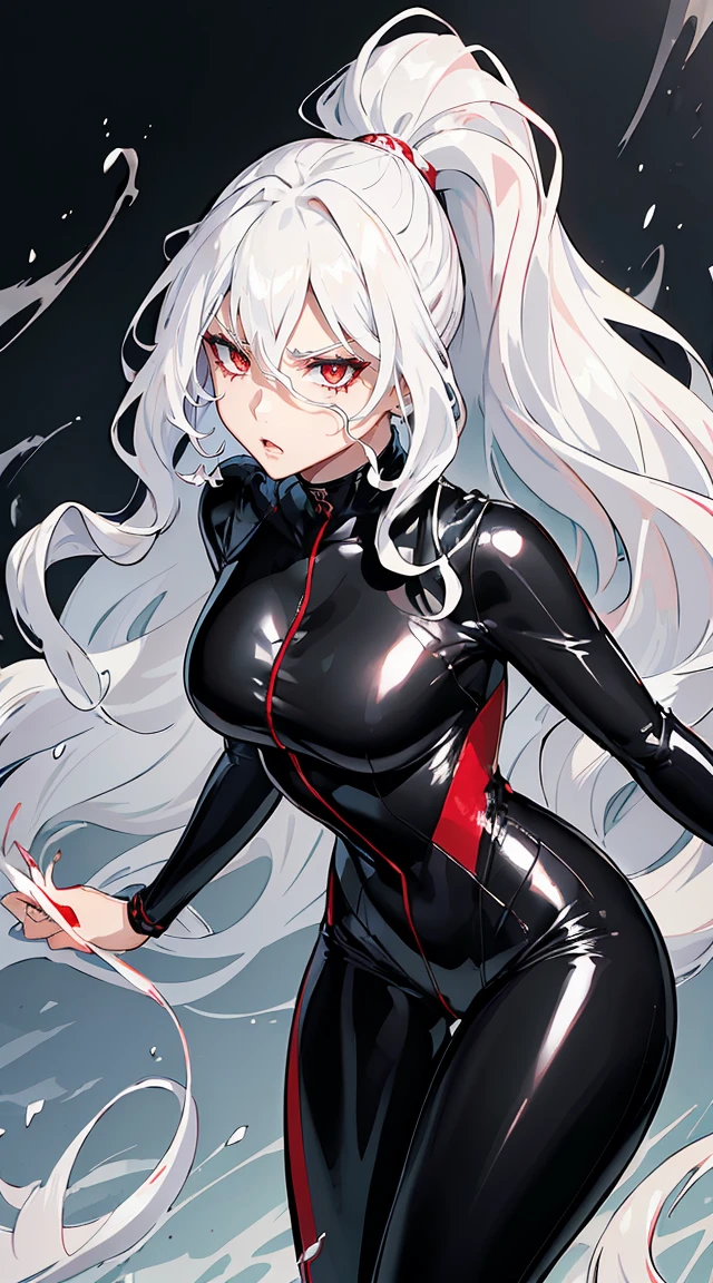 handsome older WOMAN，crimson-eyes，crimson pupils，Long white hair，Hyperresolution，accuracy，Detailed rendering，（Subtle facial image）（Image of fine hair）（topquality）（Masterpieces of masters）（High degree of completeness）（A sense of atmosphere）tmasterpiece，Super detailed and super detailed（half-body portrait), long wavy white hair, (((tHICK WAVY HAIR)))(((ANKLE LENGTH HAIR))) (((Sakimichan))) (((white hair))) (((Latex black fight outfit))) (((Hair in ponytail))) (((fierce expression))) (((skinny))) (((Latex black fight suit)))