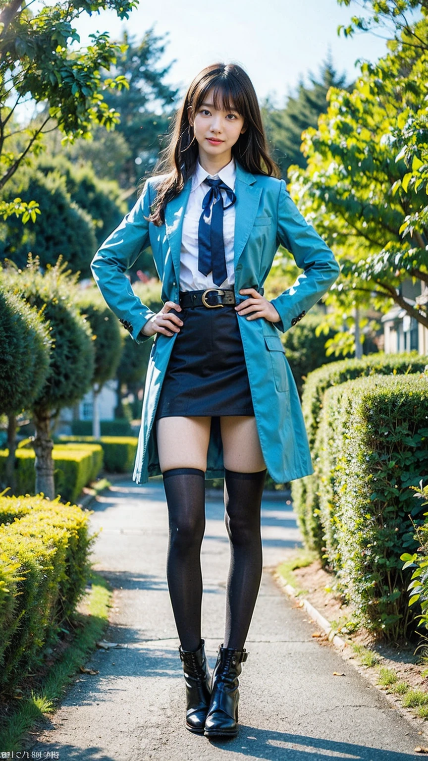 (8K、RAW Photos、Highest quality、masterpiece:1.2)、(Realistic、Realistic)、1 Girl、((Light blue mini skirt、coat、black、Thin legs、whole body、boots、one piece、tights、garden、View from the front、Looking into the camera、belt、Stand with hands on hips))、cute