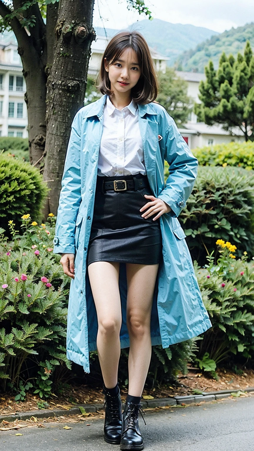 (8K、RAW Photos、Highest quality、masterpiece:1.2)、(Realistic、Realistic)、1 Girl、((Light blue mini skirt、coat、black、Thin legs、whole body、boots、one piece、tights、garden、View from the front、Looking into the camera、belt、Stand with hands on hips))、cute