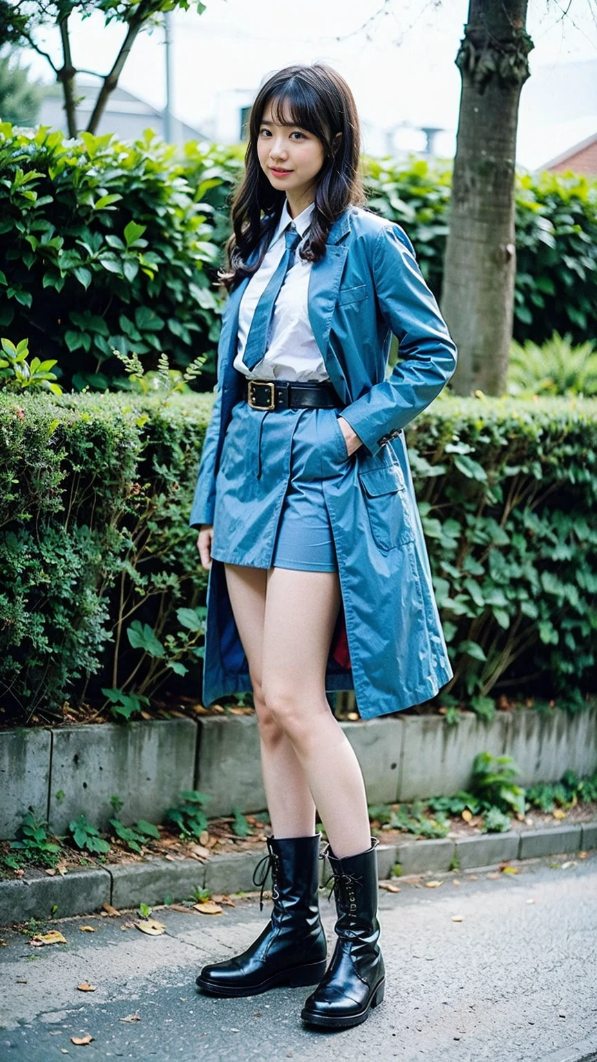 (8K、RAW Photos、Highest quality、masterpiece:1.2)、(Realistic、Realistic)、1 Girl、((Light blue mini skirt、coat、black、Thin legs、whole body、boots、one piece、tights、garden、View from the front、Looking into the camera、belt、Stand with hands on hips))、cute
