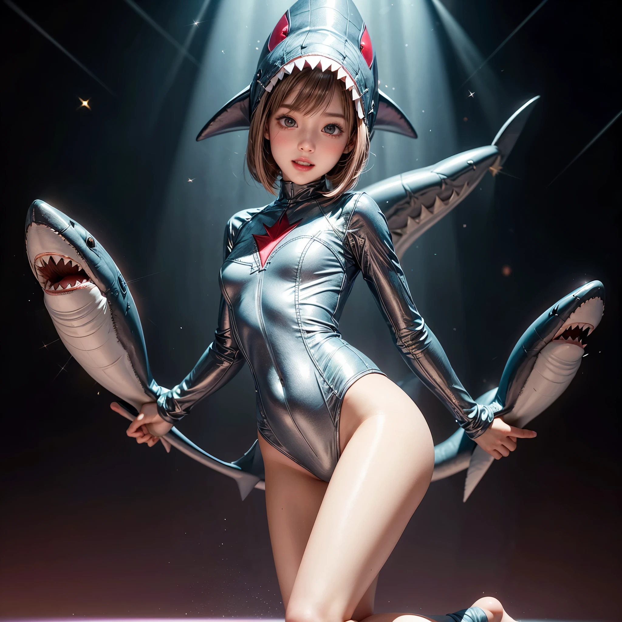 ZoomLayer ((Skinny Shark BodySuit, (Stuffed shark head hat)with White Teeth)), 8k, High-level, absurd, masterpiece, best quality, primitive, very detailed CG, very detailed wallpaper, perfect lighting, Extremely detailed ((( personifying " Shark" as a ))), MysticSight, Tyndall effect, Tyndall scattering, (Studio gray background with (Overflowing oodles Dazzling RainbowColorParticles (BokeH))), (Blood Red short hair, RoundlyButts, Leg Fins installed), (Exposed:0.4), (Assfocus with looking ahead) BREAK (Acutance:0.88), (NOGIZAKA face variations) Extremely Detailed very KAWAII face variations, perfect anatomy, Childish, CaptivatingGaze ElaboratePupils detailed Eyes with (sparkling highlights:1.28), (Voluminous LongEyelashes:0.88)、GlossyRED Lips with beautiful details, RosyCheeks, Radiant PearlSkin with Transparency . { (Dynamic LifeLike expressions:1.4) | (:d) }, (large eyes:-1) . ((animal ears:-1.2))