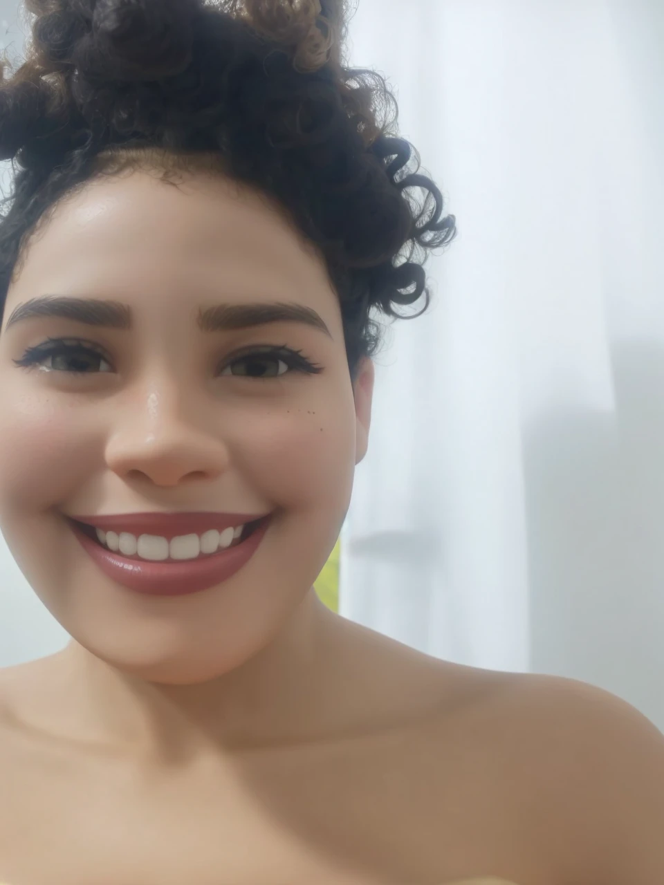  with big, curly hair in a corset, wearing a golden crown, smiling at the camera, her eyes are dark brown 