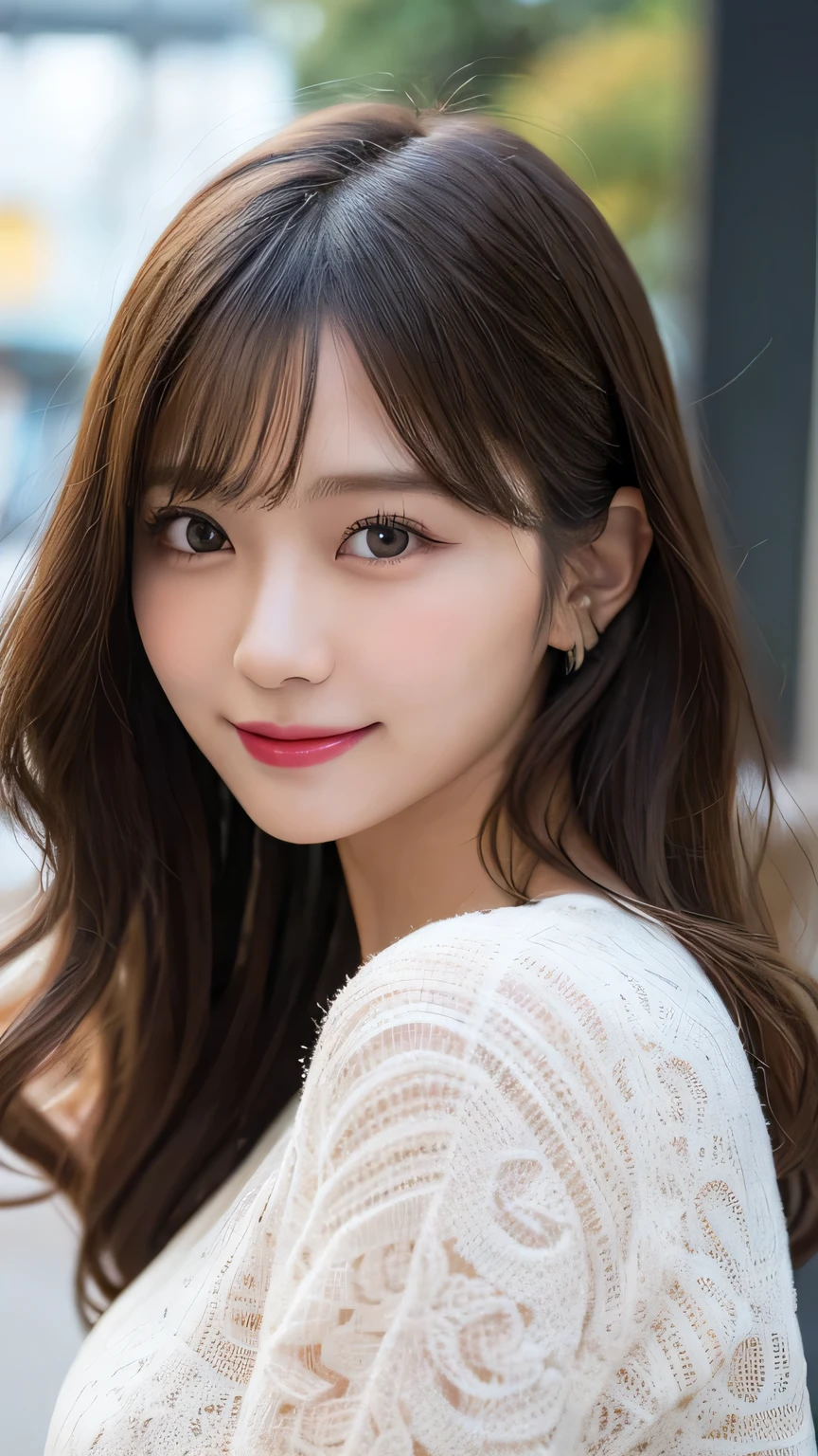 Tabletop, Highest quality, figure, Super detailed, In detail, High resolution, 8k wallpaper, Perfect dynamic composition, Beautiful attention to detail, Autumn fashion for women,Wavy Hair,huge 、Natural color lip, Bold sexy pose,smile,Harajuku、20-year-old girl、cute、sexy shot looking at camera、Close-up of face