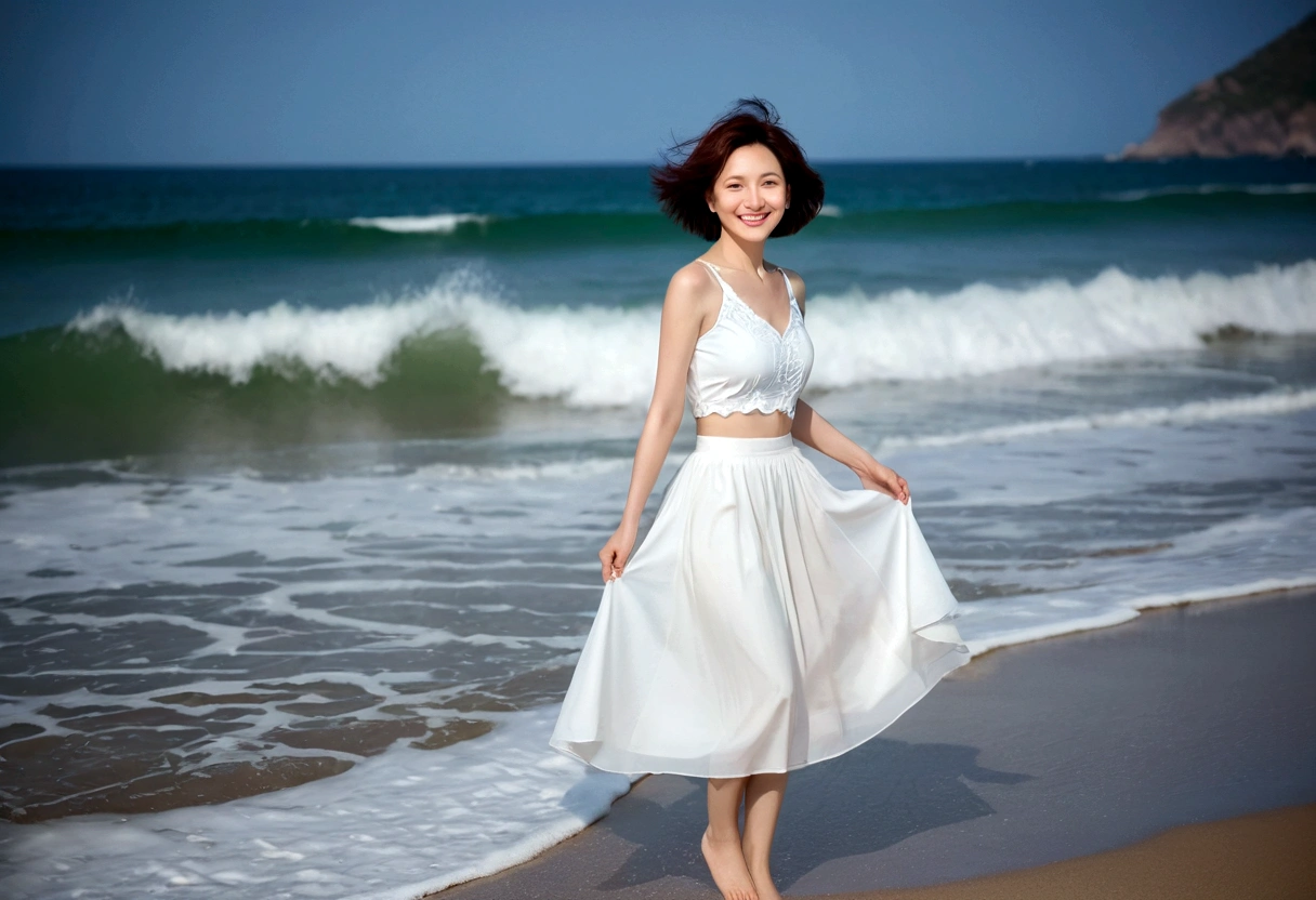 sunset on the beach，바다에 잔광이 비치네sunset on the beach 붉은 태양，A strong lingering scent is reflected in the sea., Beautiful 46-year-old short Korean woman, Chest size 34 inches, Wear sleeveless, white light skirt. beautiful pretty woman look , wearing a light skirt , Go far into the sea water and dip your toes., Short medium hair blowing in the wind, 1 short woman, beautiful eyes, a little smile, Full-body photo taken from afar with a wide-angle lens, The background is clean and perfect., waves moved by the wind, best high definition