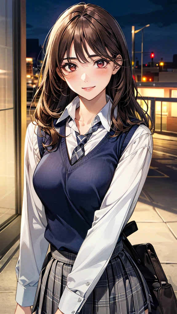 (masterpiece:1.3, Highest quality), Ultra-high resolution, Super detailed, (Realistic, photoRealistic:1.4), Beautiful illustrations, Perfect lighting, colorful, Depth of written boundary,
View your viewers, (Face Focus, Upper Body), 1 Girl, alone, High female high school student, Gravure Model, (Large Breasts:0.8, Big Ass, Captivating thighs, Skin Dentition),
(long hair:1.2, straight hair:1.2, (saddle-brown colored) hair), 非対称の前hair, (brown) eye, drooping eye, big eye, Shiny skin,
beautiful hair, Beautiful Face, Highly detailed face, beautiful detailed eye, Beautiful clavicle, Beautiful body, Beautiful breasts, Beautiful thighs, Beautiful feet, Beautiful fingers,
(Detailed cloth texture, Grey checked tie, Navy knit vest, White long sleeve collared shirt, Grey plaid pleated skirt), Black socks, White panties, Black Randoseru,
(Beautiful views), evening, (Downtown, stage), walking, (Cute smile),