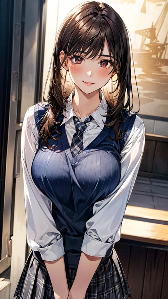 (masterpiece:1.3, Highest quality), Ultra-high resolution, Super detailed, (Realistic, photoRealistic:1.4), Beautiful illustrations, Perfect lighting, colorful, Depth of written boundary,
View your viewers, (Face Focus, Upper Body), 1 Girl, alone, High female high school student, Gravure Model, (Large Breasts:0.8, Big Ass, Captivating thighs, Skin Dentition),
(long hair:1.2, straight hair:1.2, (saddle-brown colored) hair), 非対称の前hair, (brown) eye, drooping eye, big eye, Shiny skin,
beautiful hair, Beautiful Face, Highly detailed face, beautiful detailed eye, Beautiful clavicle, Beautiful body, Beautiful breasts, Beautiful thighs, Beautiful feet, Beautiful fingers,
(Detailed cloth texture, Grey checked tie, Navy knit vest, White long sleeve collared shirt, Grey plaid pleated skirt), Black socks, White panties, Black Randoseru,
(Beautiful views), evening, (Downtown, stage), walking, (Cute smile),