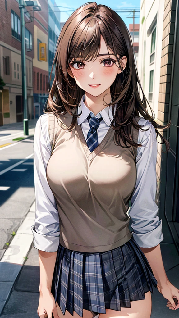 (masterpiece:1.3, Highest quality), Ultra-high resolution, Super detailed, (Realistic, photoRealistic:1.4), Beautiful illustrations, Perfect lighting, colorful, Depth of written boundary,
View your viewers, (Face Focus, Upper Body), 1 Girl, alone, High female high school student, Gravure Model, (Large Breasts:0.8, Big Ass, Captivating thighs, Skin Dentition),
(long hair:1.2, straight hair:1.2, (saddle-brown colored) hair), 非対称の前hair, (brown) eye, drooping eye, big eye, Shiny skin,
beautiful hair, Beautiful Face, Highly detailed face, beautiful detailed eye, Beautiful clavicle, Beautiful body, Beautiful breasts, Beautiful thighs, Beautiful feet, Beautiful fingers,
(Detailed cloth texture, Grey checked tie, Navy knit vest, White long sleeve collared shirt, Grey plaid pleated skirt), Black socks, White panties, Black Randoseru,
(Beautiful views), evening, (Downtown, stage), walking, (Cute smile),