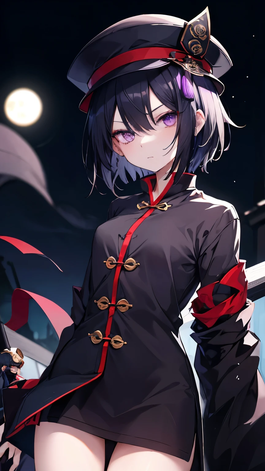 High resolution,high resolution,Girl,Black Hair,Short Hair,Purple Eyes,Slanted Eyes,Bad mood,boyish,slender,Toned body,Jiangshi,hat,talisman,Moonlit Night,