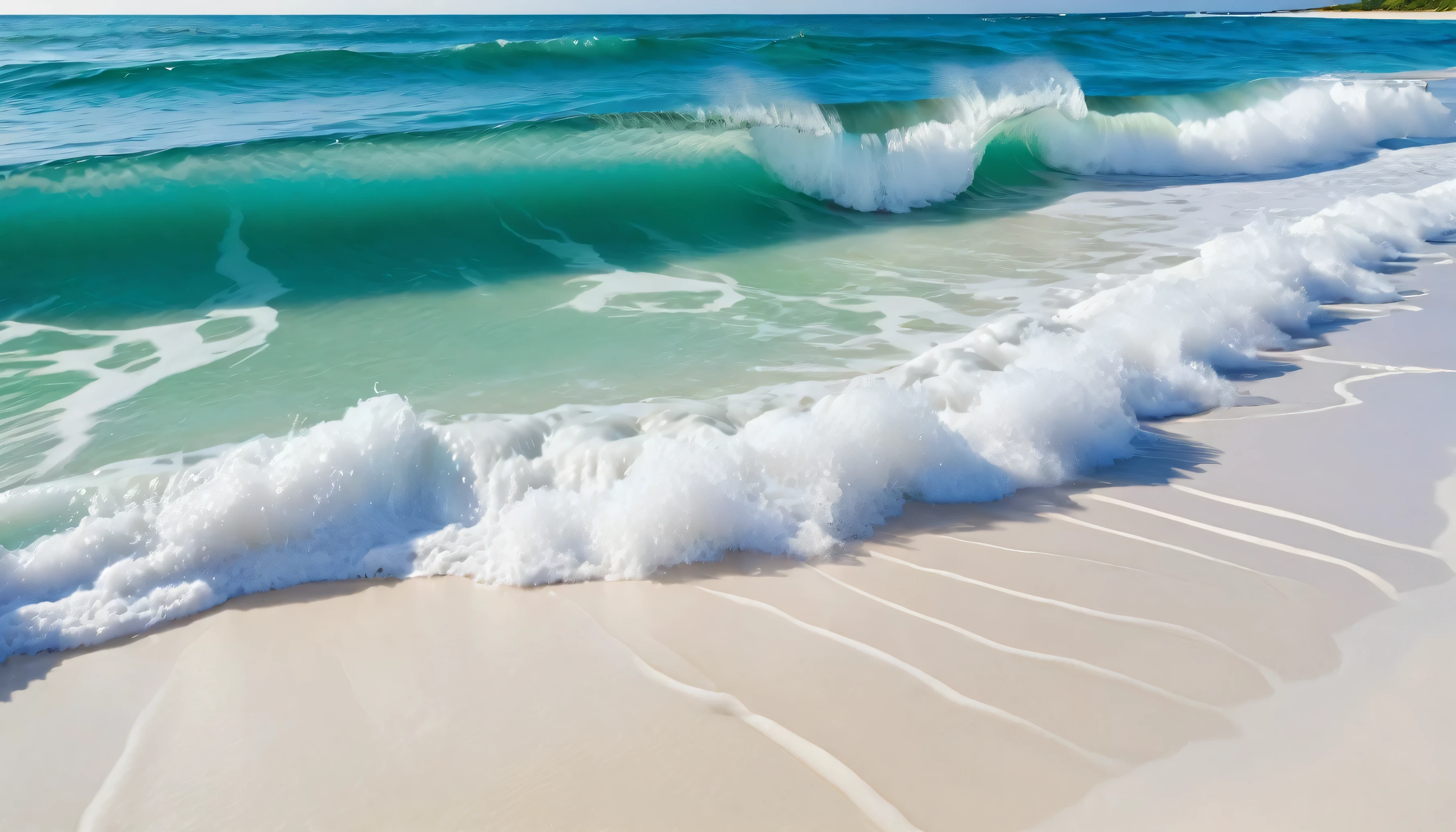 Background of rolling waves hitting the white sandy beach, professional photo, very perfect, clear water, white foam