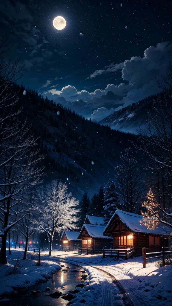 Snow after rain，village，night，moon，Look up，Maximum resolution，The most beautiful scenery。