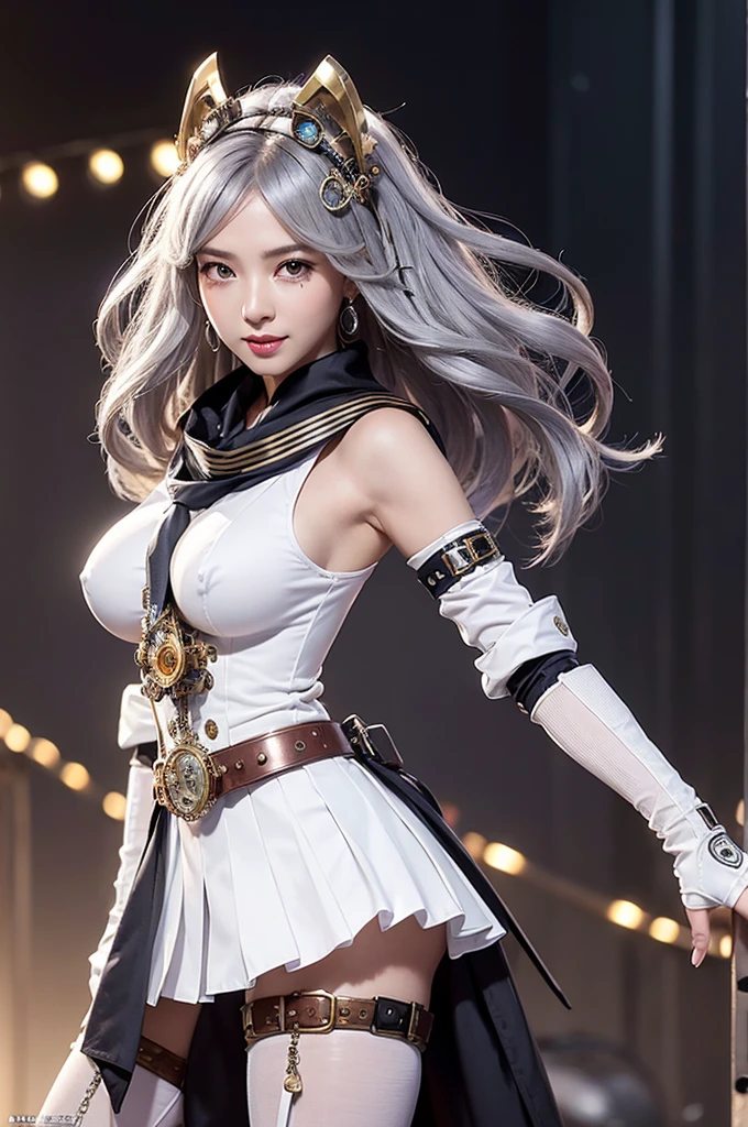 Woman portrait、Highest quality、Rear view、8K, clear, Fine skin、Clear, beautiful eyes、whole body、Curly Hair、My hair was messed up by the wind、The beauty of a smile、(Big Breasts、tall)、,(Hip_superior, Hip superior), Mature Woman,( Watching the audience),Realistic, High resolution, Soft Light,1 female, alone, Hipアップ, Glowing Skin, (Detailed face), Perfect Style, Perfect balance,Silver Hair,Long Hair,Fine Skin,((Steampunk Egyptian Costume)),Steampunk style girl、Costumes decorated with lots of gear and watches,(Grey and silver stripes,Sailor-style collared jacket)、(Gray and silver steampunk gray and silver steampunk jacket, High-tech Mecha,Gemstone Helmet,wrist cuffs,white dress shirt,elbow gloves,hairclip,jeweled scarf,belt,neckerchief,High leg,Steampunk bodystocking)、((arms behind back)),(bokeh),(studio lighting)