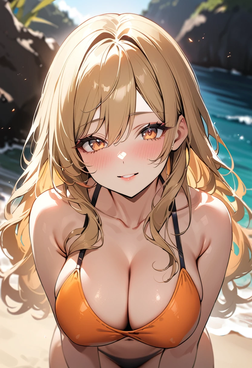 1 lady, 20 years old, blonde hair, long hair, wavy hair, light brown eyes, huge breasts,
BREAK (masterpiece), (high resolution 8K), cinematic lighting, professional lighting, detailed eyes and face, detailed body, 
BREAK　A beautiful  woman stands at the end of a wooden jetty, her gaze pensive as she looks out over the calm, azure sea. She’s wearing a sleek, navy blue bikini that contrasts elegantly with the light wood and the clear blue water. Her hands are lightly clasped in front of her, and her posture is relaxed yet composed. The camera captures her from a medium distance, allowing the length of the jetty and the vast ocean to frame her thoughtfully, emphasizing a moment of solitude and reflection