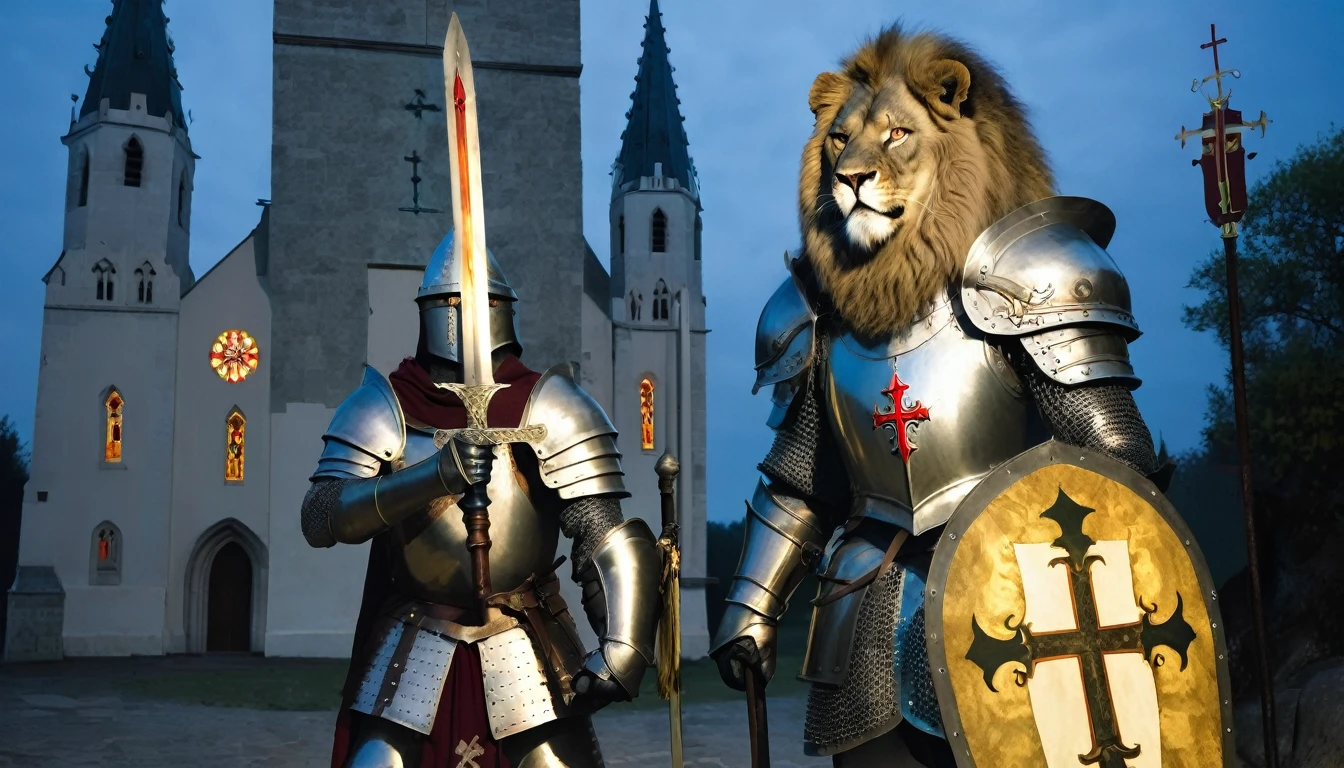 A medieval soldier in shining armor, holding a sword and shield with a cross, facing a threatening lion. Behind the soldier, an illuminated church, symbolizing the Christian community.