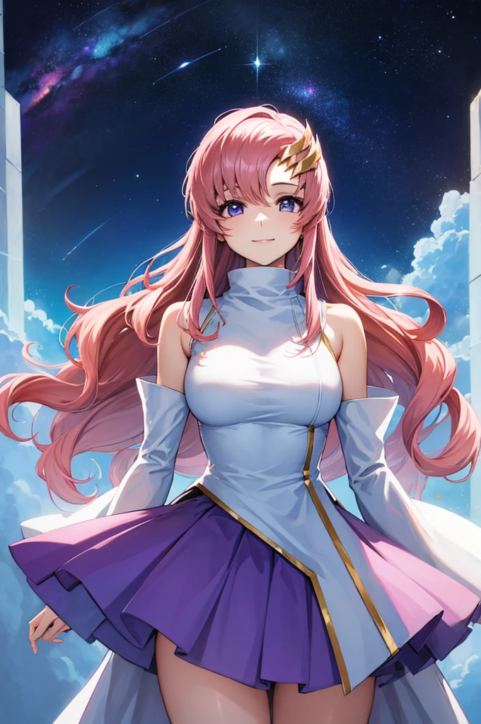 (masterpiece:1.3), (best quality:1.1), (8k, ultra detailed, ultra high res:1.2), ((anime style)), perfect 5 fingers, perfect anatomy, 
1girl,
BREAK long hair, wavy hair, pink hair, purple eyes,  
BREAK(white Turtle Neck, purple skirt, detached sleeves, shoulder hole tops), 
BREAK looking at viewer, smile, standing, 
(cowboy shot1.2), (detailed background:1.2), (outdoor, outside, space, the cosmos, galaxy:1.2), 