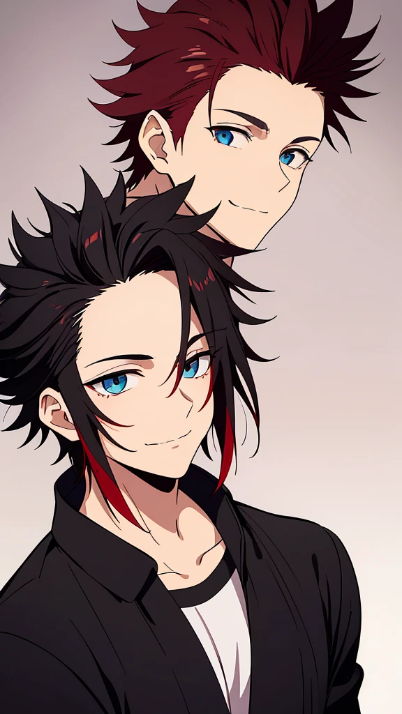 (high-quality, breathtaking),(expressive eyes, perfect face) 1boy, male, solo, young adult, black hair, red streaks in hair, red highlights, soft wavy hair, short hair length, soft smile, spiky hair, fluffy hair, spiked up hair, black japanese clothes, black shirt, confident smile, scars all over his body, age 17
