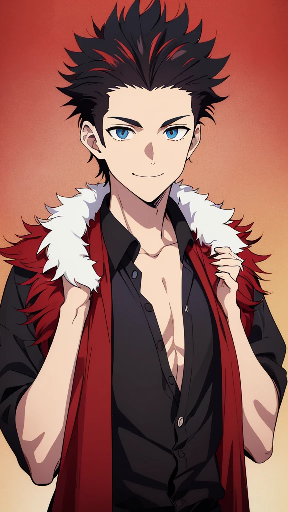 (high-quality, breathtaking),(expressive eyes, perfect face) 1boy, male, solo, young adult, black hair, red streaks in hair, red highlights, soft wavy hair, short hair length, soft smile, spiky hair, fluffy hair, spiked up hair, black japanese clothes, black shirt, confident smile, scars all over his body, age 17