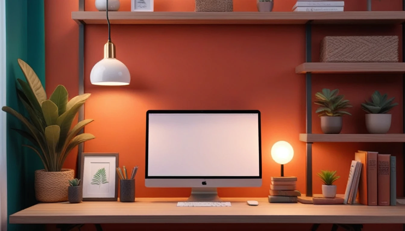 Design a beautifully looking wall for a youtube thumbnail background that has a good RGB light setup it has a small book shelve at the left hand side with some few books and some tech gadgets on a table with a table lamp, a table in front of the camera with space behind it