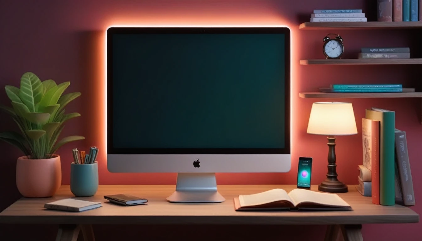 Design a beautifully looking wall for a youtube thumbnail background that has a good RGB light setup it has a small book shelve at the left hand side with some few books and some tech gadgets on a table with a table lamp, a table in front of the camera with space behind it