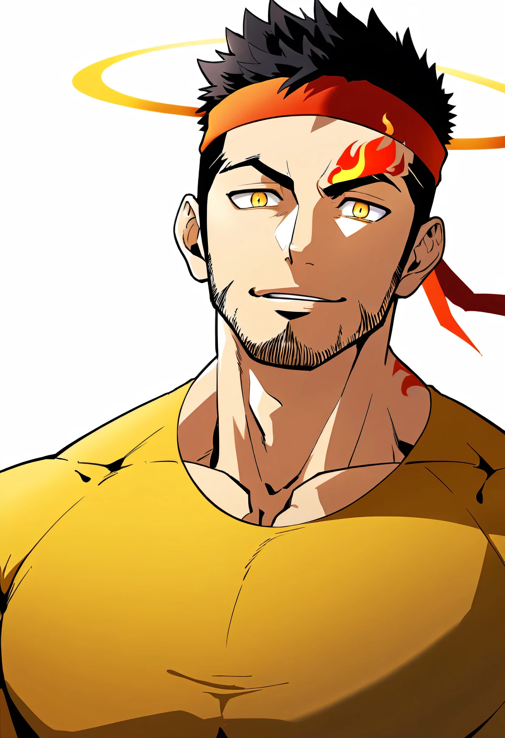 anime characters:Gyee, priapus, 1 young muscular man, male focus, Flame tattoo, sports Red headband, Dark yellow spandex tight T-shirt, Very tight, Slightly transparent, muscular male, muscular, Round, firm and full chest muscles, only, Upper body, alone, Black short hair, Thick eyebrows, stubble, Yellow eyes, White background, simple background, amazing quality, best aesthetics, Ridiculous, bright pupils, crew cut, naughty face, torogao, parted lips, halo, god rays, best quality
