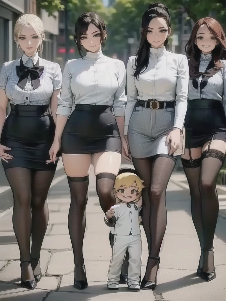 four sexy women walking and looking at 4 years old boy with blonde hair, seductive smiles, portrait, various hair