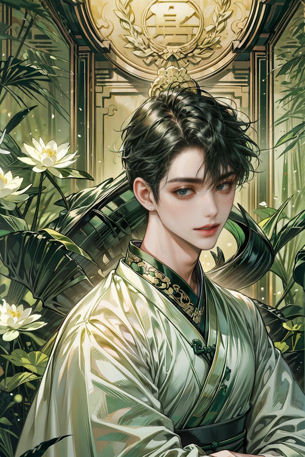 (((best quality))),masterpiece,ultra high resolution,extraordinarily beautiful youth, a bright, innocent smile,All green clothing,((boy 20 year old, green hanfu,green clothing, Chinese shirt style)) ,boy character ,((Thick black long hair)),beautiful face,detailed interior, detailed boy,((man)),(in bamboo forest), house China style, pure white lotus,beautiful and cute boy ,black eyes,((solo man)),(he has a Big eyes, charming lips, slim nose and small face),(slim figures ),hand model,