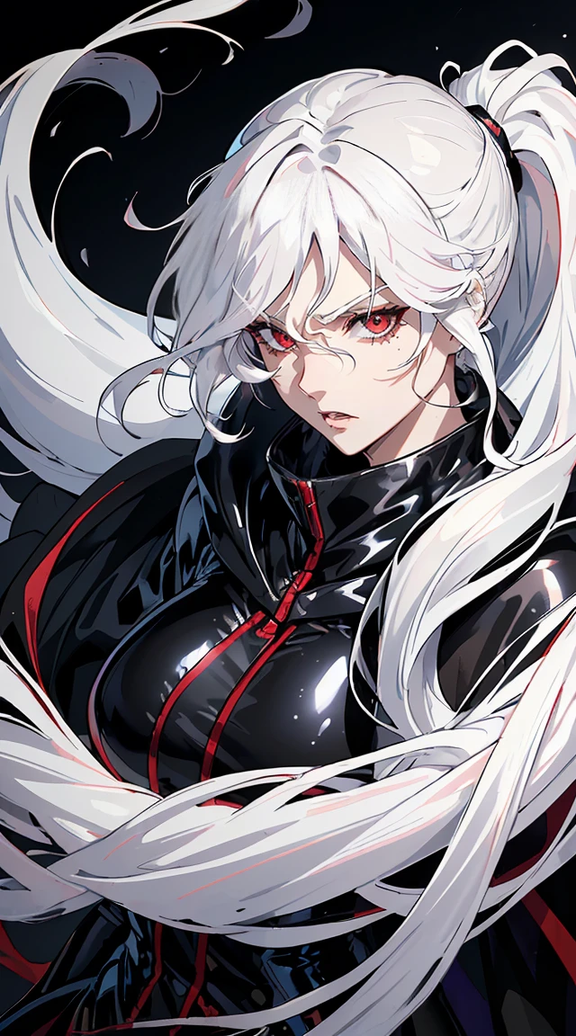 handsome older WOMAN,crimson-eyes,crimson pupils,Long white hair,Hyperresolution,accuracy,Detailed rendering,(Subtle facial image)(Image of fine hair)(topquality)(Masterpieces of masters)(High degree of completeness)(A sense of atmosphere)tmasterpiece,Super detailed and super detailed(half-body portrait), long wavy white hair, (((tHICK WAVY HAIR)))(((ANKLE LENGTH HAIR))) (((Sakimichan))) (((white hair))) (((Latex black fight outfit))) (((Hair in ponytail))) (((fierce expression))) (((skinny))) (((Latex black fight suit)))(((Long black cloak)))
