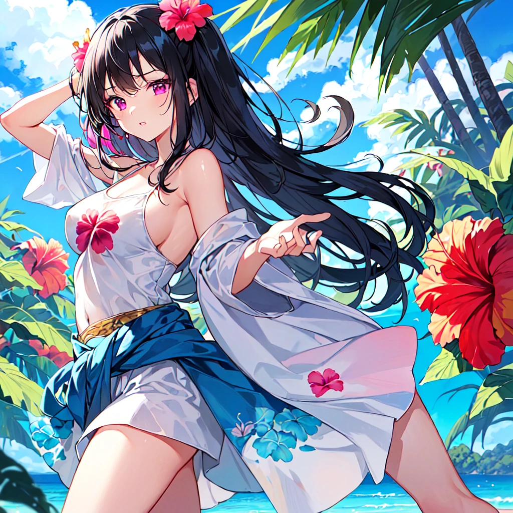 masterpiece, best quality, high quality, extremely detailed, very delicate and beautiful, (1 female 18 years old solo:1.5), (long black hair up to waist with two side up:1.5), bangs to eyebrows, eyes (eyes sharp, strong glossy glossy eyes, eyebrows glossy, (eye color magenta:1.3), 6.5 head height, (one piece with hibiscus print:1.3), (running), (dynamic pose), (background tropical and hibiscus:1.3), (blue sky:1.3)