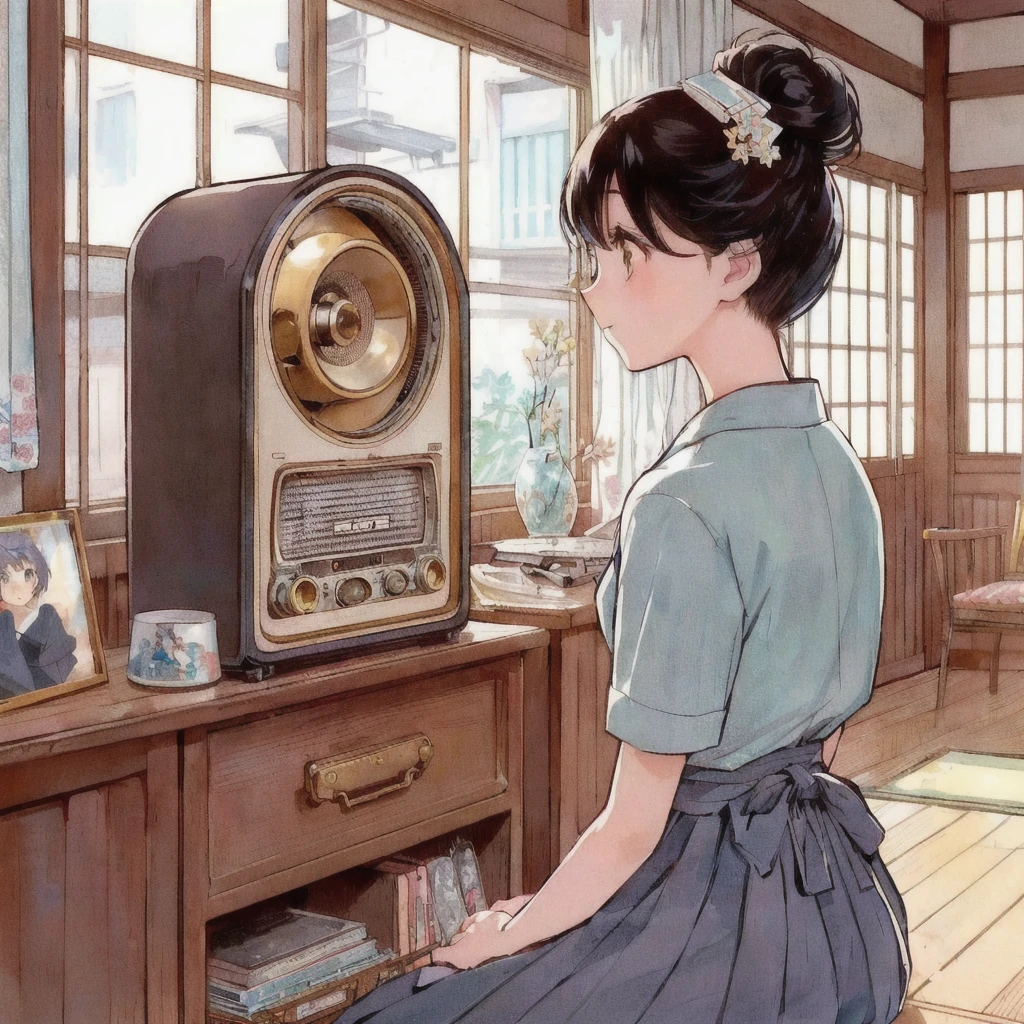 Anime girl listening to an old radio in her room, praise girl, Retro Anime Girls, praise art, praise artstyle, praise, praise portrait, praise girl aesthetic, praise feel, Vintage Girl, praise album art, praise colors, Retro Anime Images, praise technology, praise vibes, praise vibe
